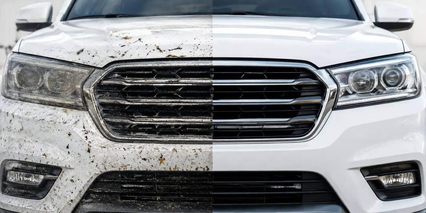 Illustrative front grille and headlight comparison: splattered bugs and tar before, spotless clear lenses and grille after