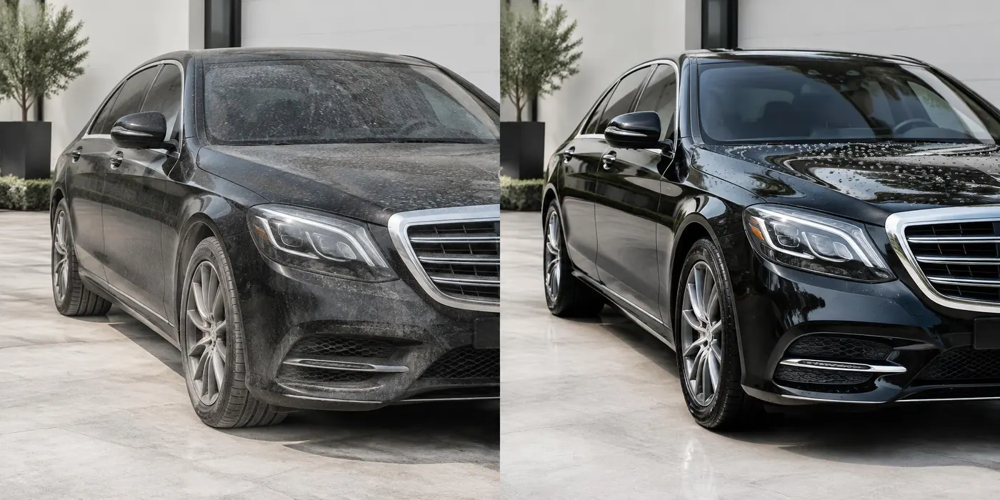 Illustrative black sedan comparison: dull water-spotted paint before and deep glossy reflections after a hand wash