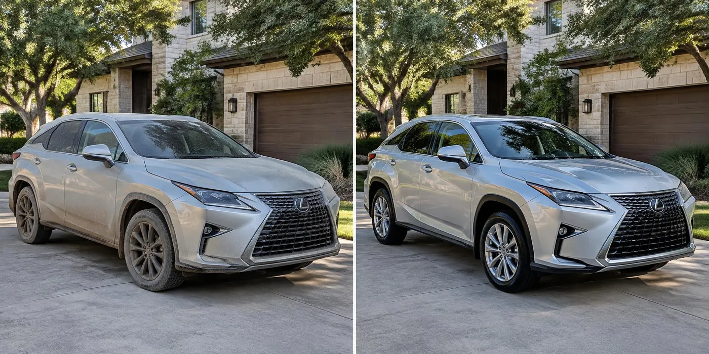 Illustrative silver SUV comparison: dusty bodywork before and clean reflective paint after a wash