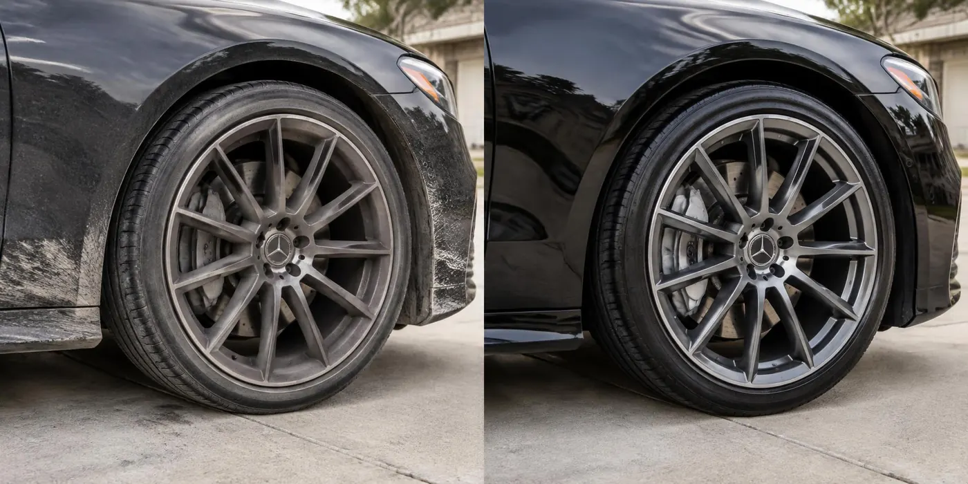 Illustrative wheel comparison: brake dust and road dirt before, clean alloy wheel and dressed tire after